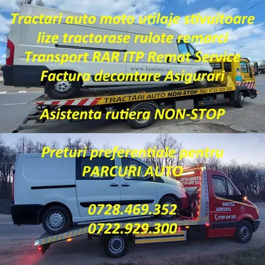 Colaj publicitar cu duba albă și camionetă albă încărcate pe platforme hidraulice