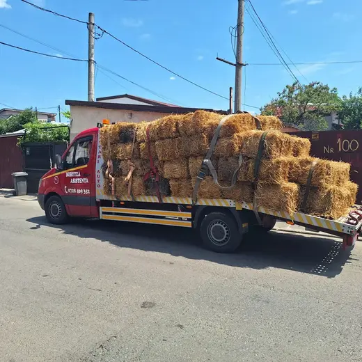 Camion cu platformă încărcat cu baloți de fân, pe o stradă rezidențială